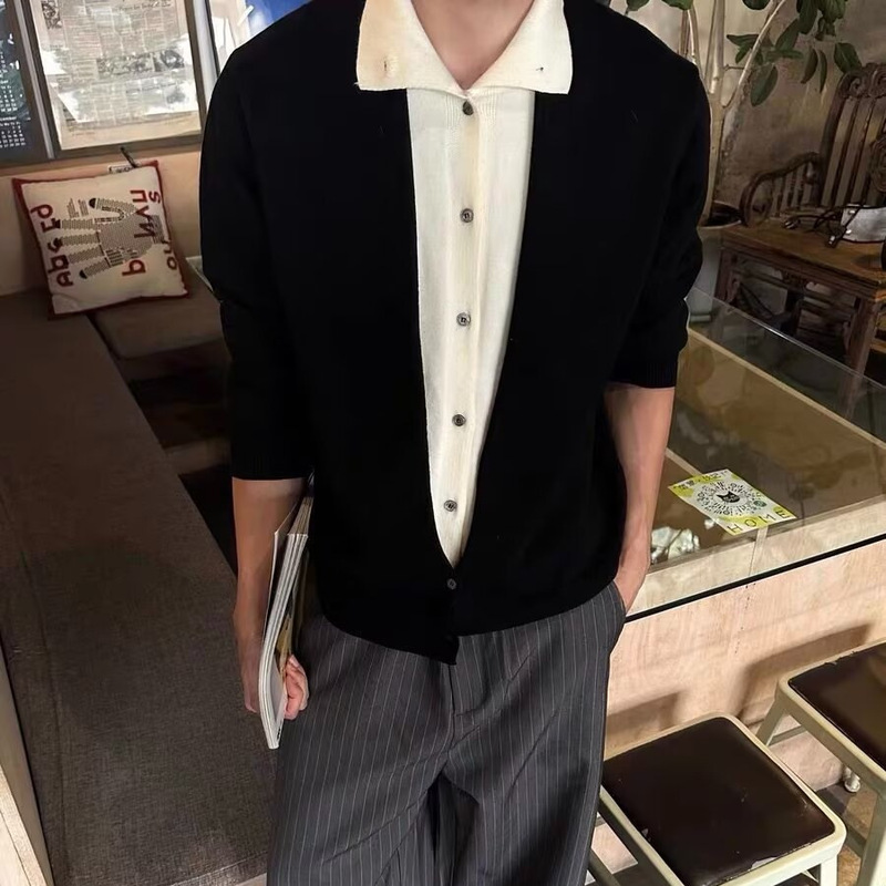 Casual Patchwork Lapel Top, Fake Two-Piece Sweater Jacket, Men's Autumn New Fashion, High-End Knitted Cardigan for Men Casual Patchwork Lapel Top, Fake Two-Piece Sweater Jacket, Men's Autumn New Fashion, High-End Knitted Cardigan for Men