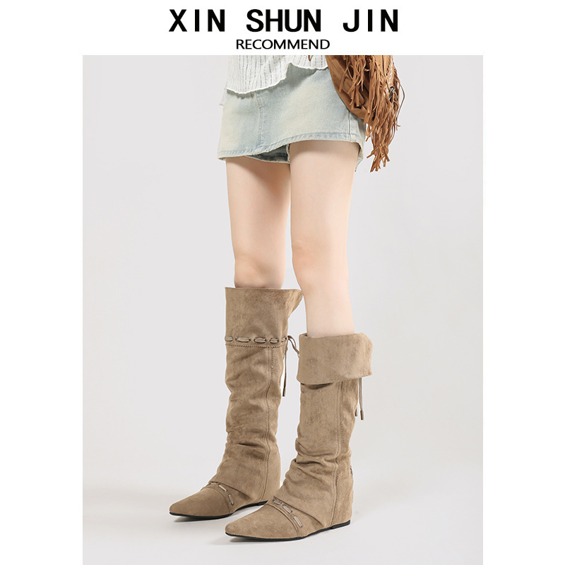 Pleated Pointed Toe Chelsea Boots Flats Strap 2025 Autumn and Winter New Retro Niche Maillard Western Cowboy Boots Pleated Pointed Toe Chelsea Boots Flats Strap 2025 Autumn and Winter New Retro Niche Maillard Western Cowboy Boots