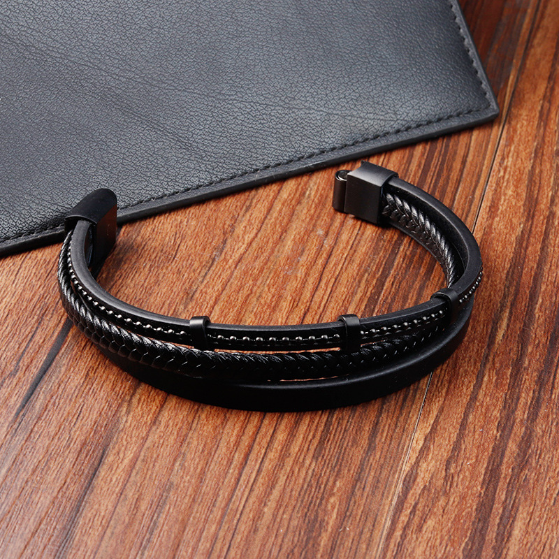 All Seasons Season Simple Style 316L Stainless Steel  Leather Solid Color Black Men Cord & Leather Bracelets