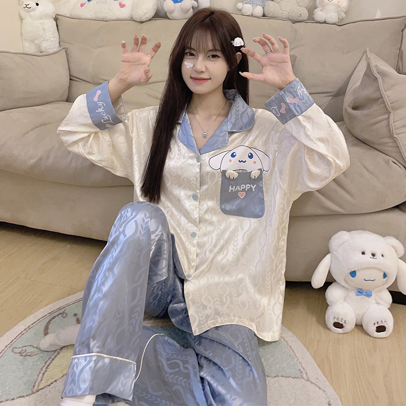 Estilo coreano ins Net estilo rojo pijamas de Seda Hielo Las Mujeres Otoño e Invierno manga larga dibujos animados lindo dulce chica desgaste del hogar traje