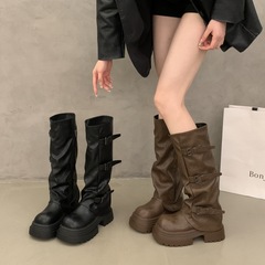 长筒靴女2025新款秋冬季棕色靴子美拉德厚底增高骑士靴高筒瘦瘦靴