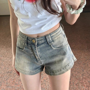 Petite Retro High Street American Denim Shorts for Women, Summer Design, Slimming Hot Pants, Washed New Chinese Style