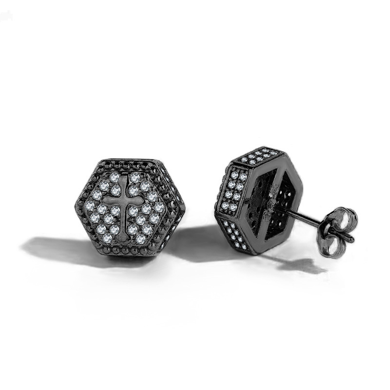 Cross Zircon Hip Hop Stud Earrings For Men Gold Plated Hexagonal_voghion.com