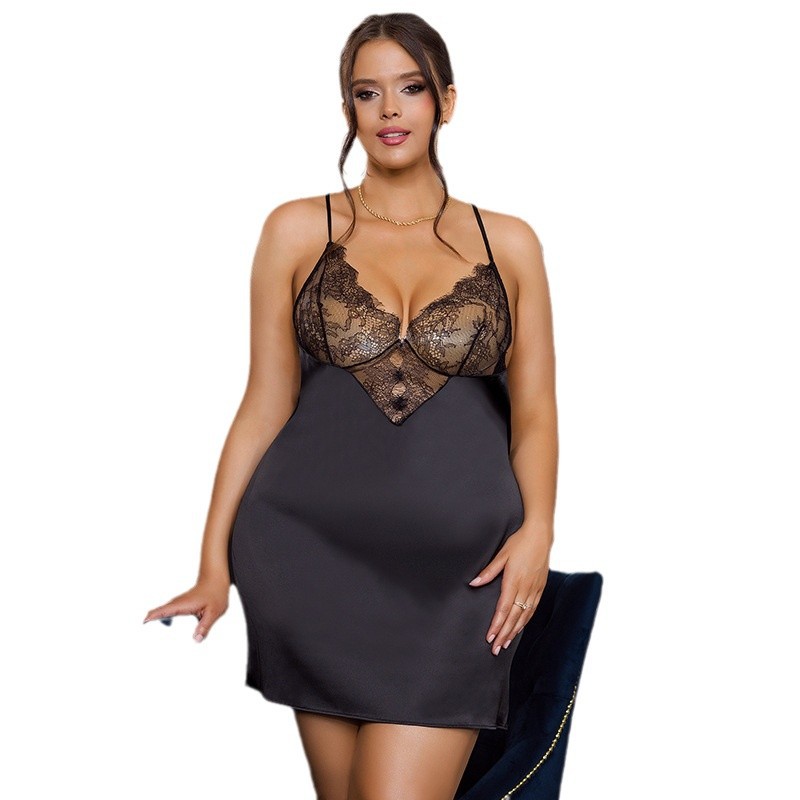 Cross-border más tamaño sexy lencería sexy encaje hueco con cuello en V Correa camisón espalda cruzada belleza espalda Pijamas