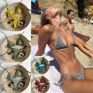 跨境新款欧美辣妹比基尼纽扣分体性感三角杯游泳度假女士沙滩泳衣