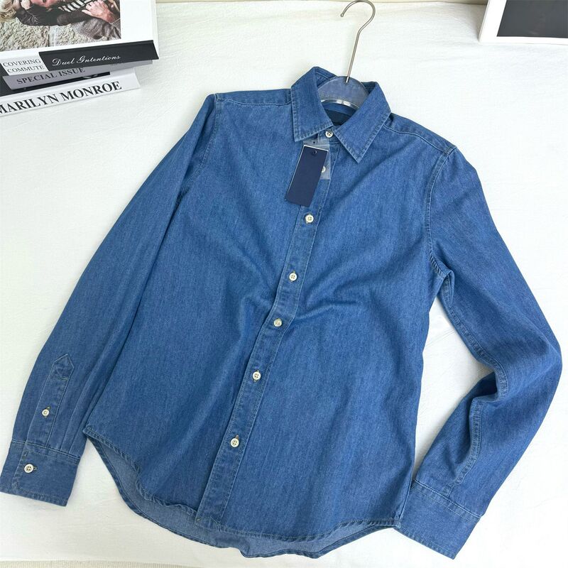 RL Ralph Pony Embroidered Classic Denim Long Sleeve Shirt for Women