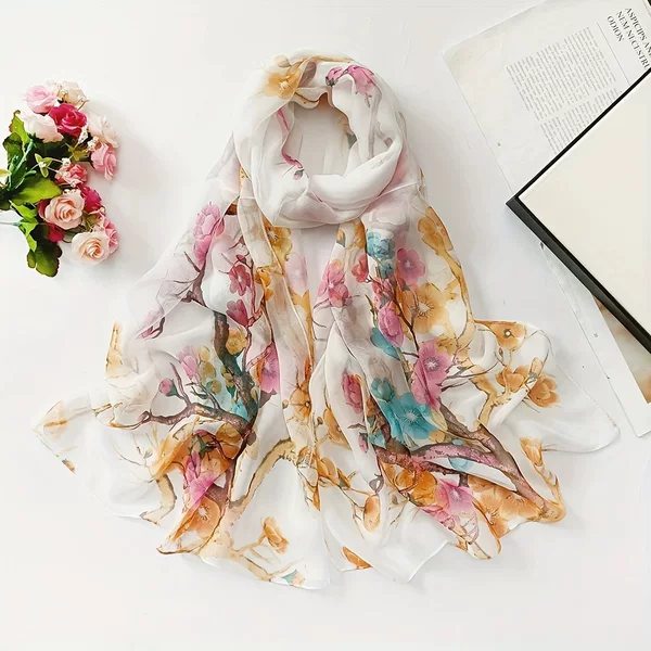 Spring and Summer Hot Sale Flower Printed Polyester Scarf Women's Fashion Thin Long Scarf High-grade All-match Travel Scarf