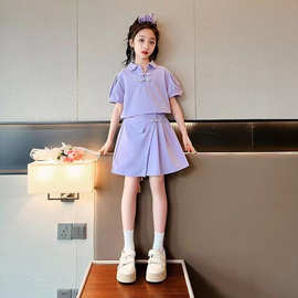 女童裙子夏装2024新款韩版洋气大童装盘扣短裙女孩短袖半身裙套装