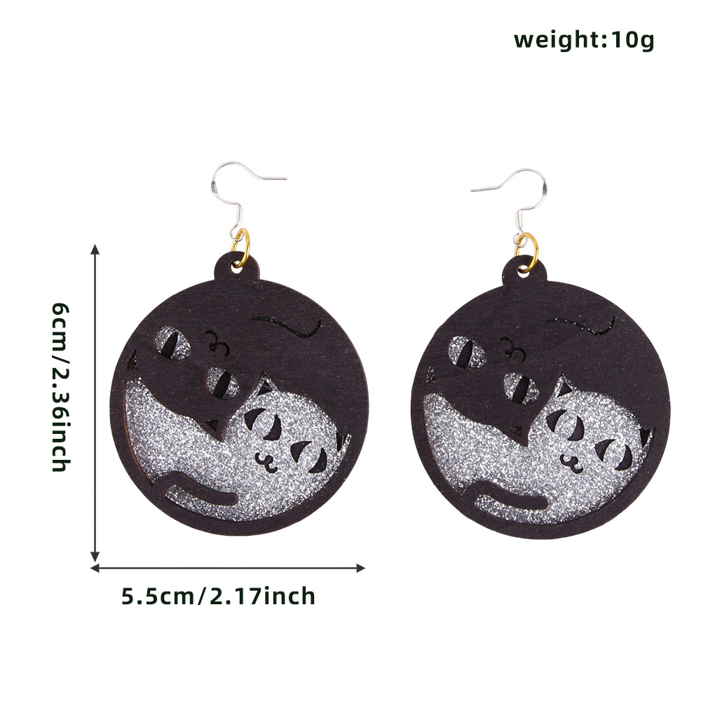 Pendientes de madera transfronterizos de Halloween polvo brillante de gato pendientes fantasma de fiesta de maquillaje decoración oscura aretes de viento
