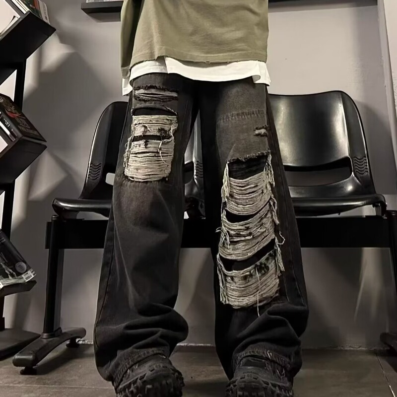 American-style retro ripped jeans men's washed distressed loose wide-leg straight mop pants for spring and summer 24