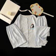 夏季睡衣女宽松时尚休闲卡通家居服可爱条纹云朵棉短袖三件套
