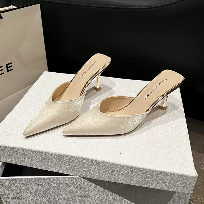 6776A新款包头凉鞋半拖女高跟通勤鞋尖头拖鞋韩版鞋子女时尚单鞋