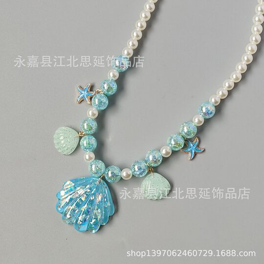 Cartoon Fresh Children's Pearl Mermaid Large Shell Oil Dropping Starfish Pendant Baby Princess Sweater Chain Necklace Jewelry
