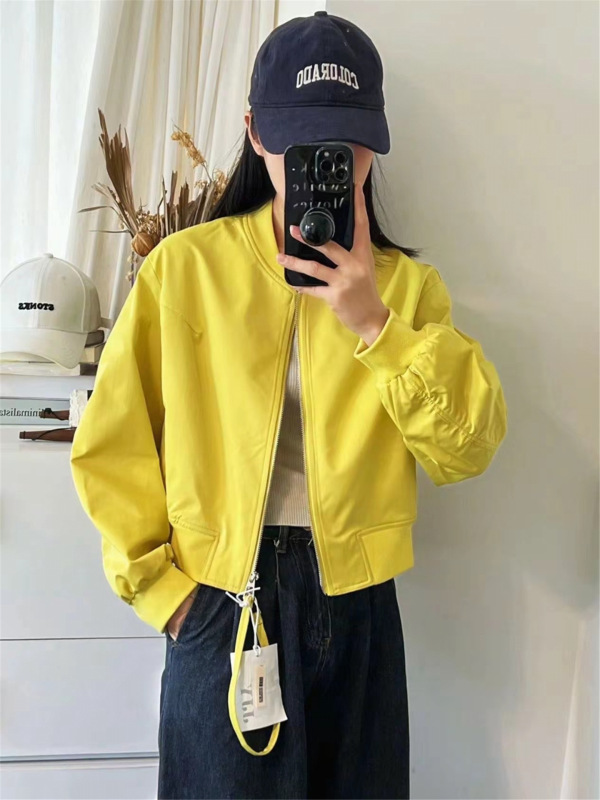 韩系休闲短外套女秋季2025新款宽松百搭黄色小个子飞行员夹克上衣|undefined