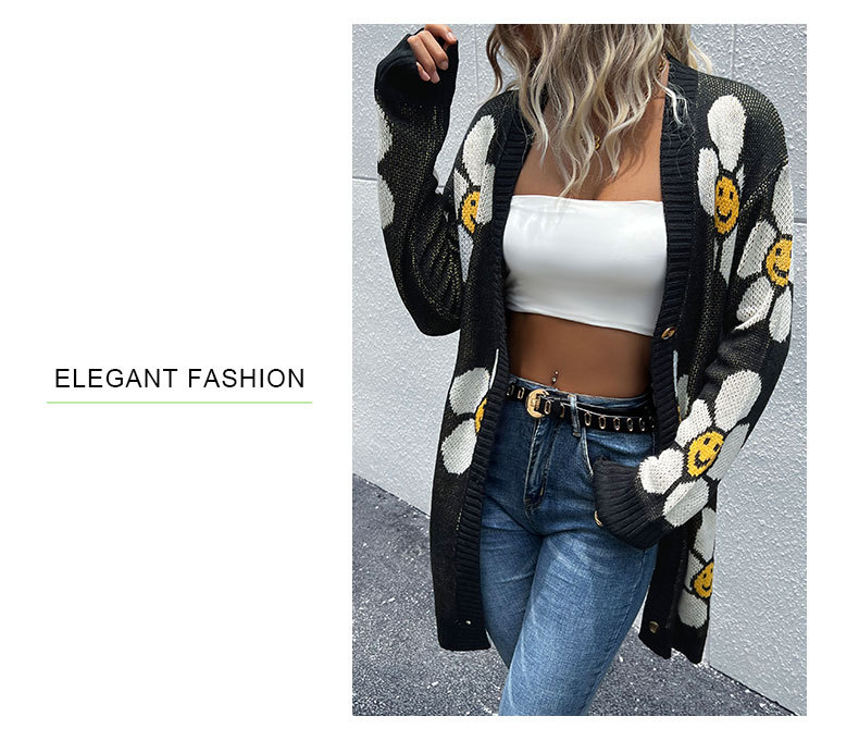 Floral Long-sleeved Long Style Sweater Cardigan_voghion.com
