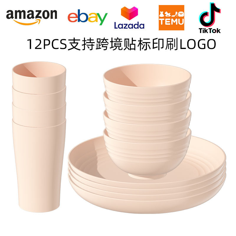 Cross-Border Amazon Dishes and Plates Plastic Tableware Set Home Dining Plate Salad Bowl Water Cup 12-Piece Plate Set
