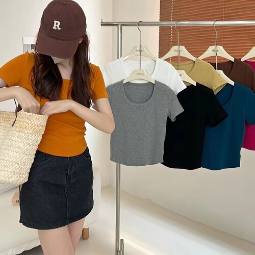260g thread cotton summer basic versatile plus-size short-sleeved T-shirt with half-knuckle curved hem for women