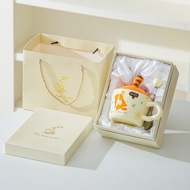 Divertido gato de dibujos animados tazas con cubierta de oficina adorable ins tazas de cerámica tazas de regalo creativas personales