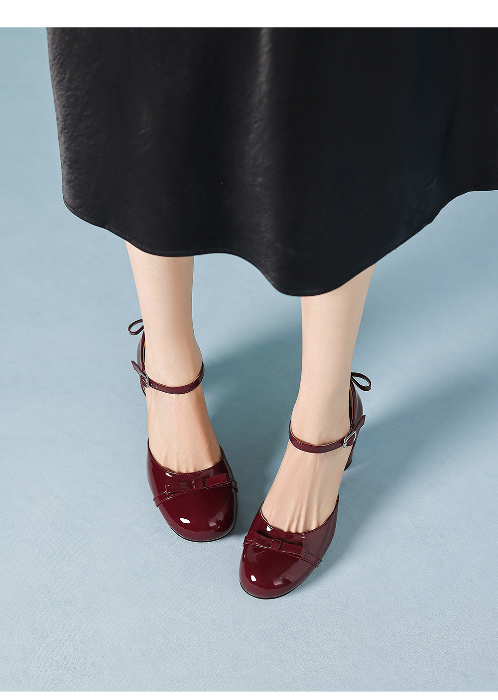 Sandal cao gót nữ mũi tròn bít kiểu Pháp, quai ngang khóa một chữ, gót vuông ổn định — màu đen, Rượu vang đỏ, màu mơ chi tiết 14