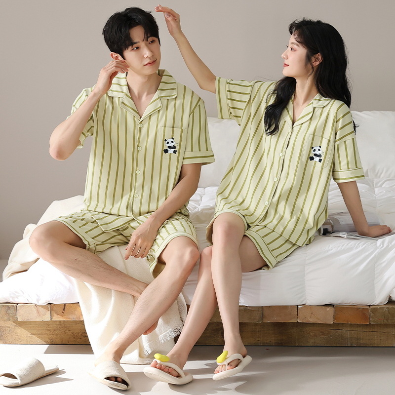 Class a Antibacterial Women's Couple Pajamas Summer Pure Cotton Short-Sleeved Cardigan Cartoon Can Be Worn Outside Cotton Home Clothes Men's Style