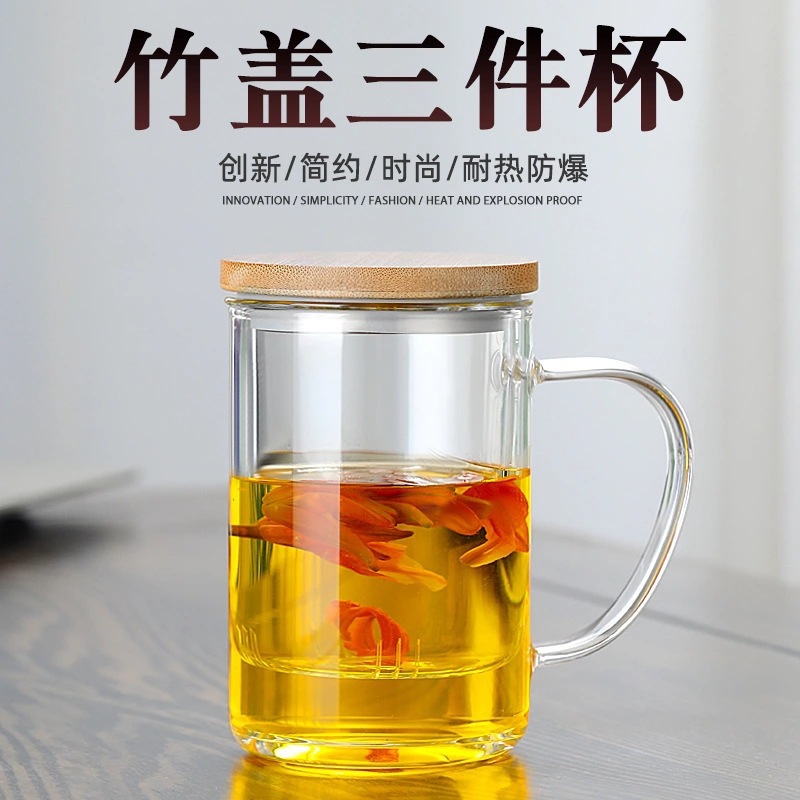 Cubierta de madera al por mayor cubierta de bambú de tres piezas de vidrio de borosilicato flor taza de té cubierta de madera engrosada fondo con tapa de filtro taza de té verde