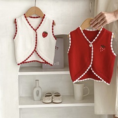 Ins-style 2023 Autumn Baby and Toddler 0-3 Years Old Girls' Strawberry Embroidered Contrast Edge Knit Vest