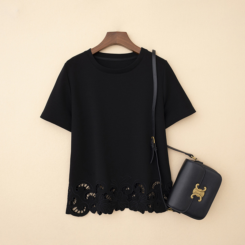 European Style Round Neck Embroidered Hollow-Out Trendy Women's T-Shirt, Solid Color, Plus Size, Slimming, Air Cotton, Comfortable Top