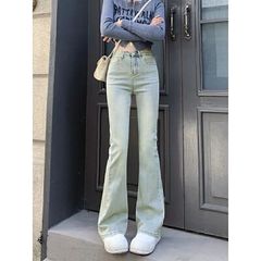 牛仔裤女春秋夏修身美式浅色马蹄裤子怀旧高腰弹力直筒微喇叭长裤