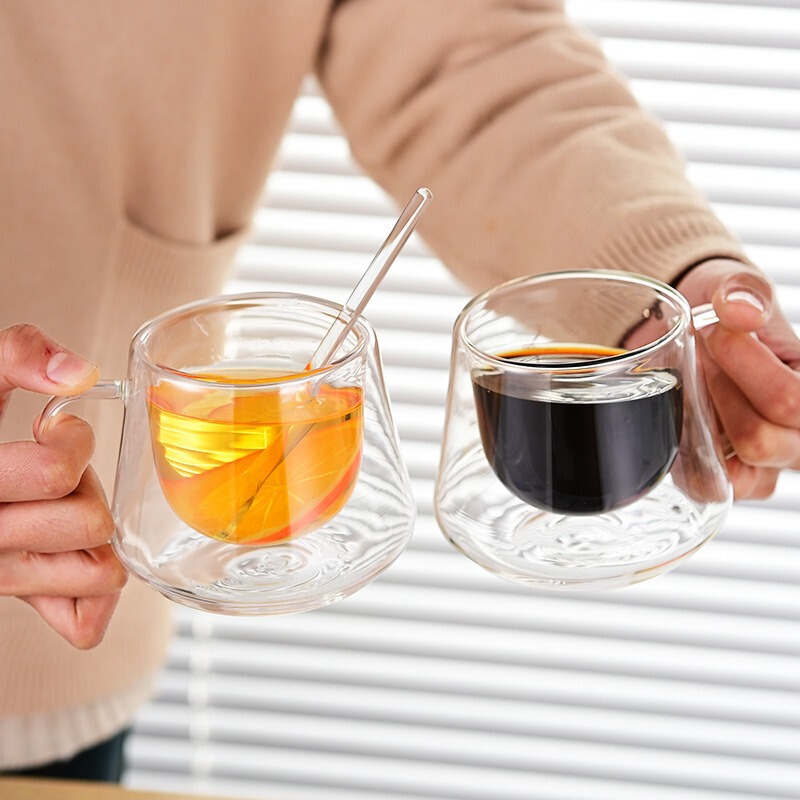Household Diamond Glass Cup in Stock, Creative and Simple, Insulated, High Temperature Resistant, Double-Layer Transparent with Handle, Diamond Coffee Cup