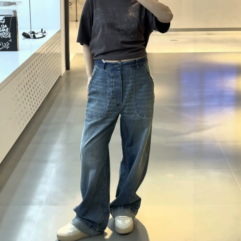 Shenzhen Nanyou Women's Straight-Leg Jeans with Folded Hem, Single-Button Fly, Hand-Stitched Wide-Leg Pants for Summer
