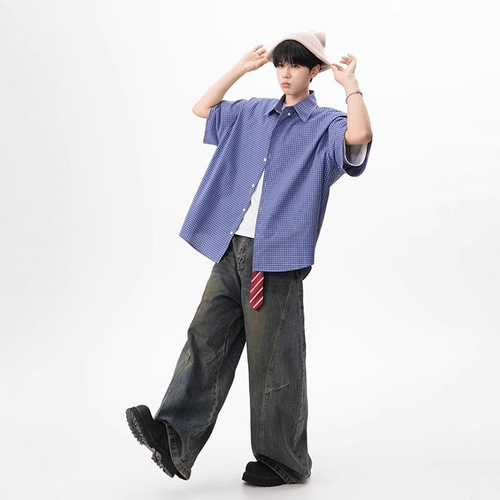 Japanese Retro Blue Grid Short-Sleeve Shirt for Men and Women, Summer City Boy Versatile Top, Loose Couple T-Shirt Jacket