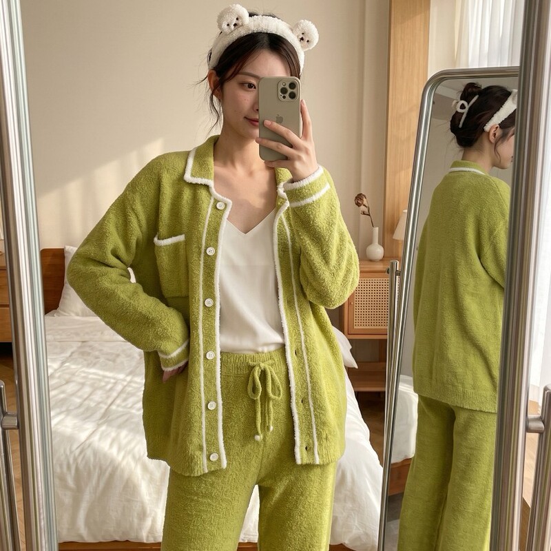 Imitation Mink Fur Korean Ins Style Women's Winter Soft Cotton Warm Lapel Chanel-Style Loungewear Pajama Set Japanese Style
