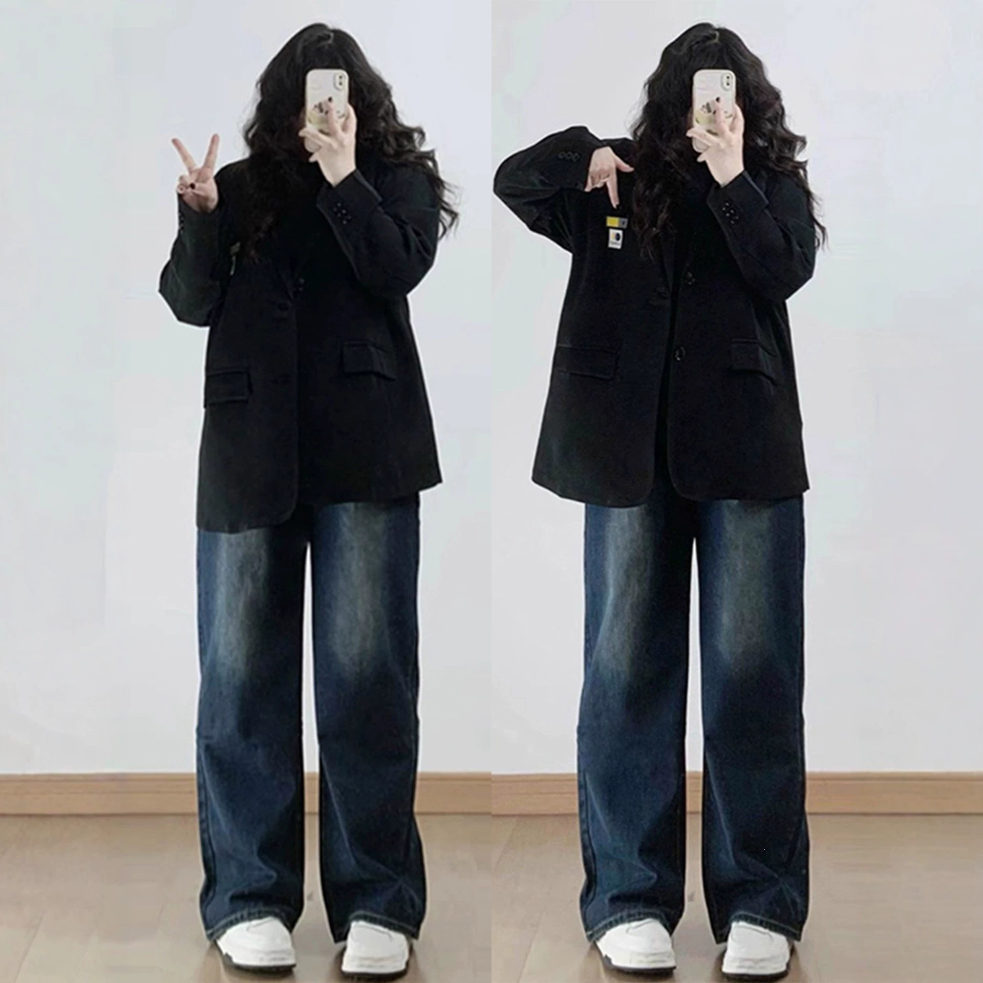 202 autumn new collection: high-waisted, loose-fitting, straight-leg pants, plus-size women's clothing, retro style, and super stylish denim pants