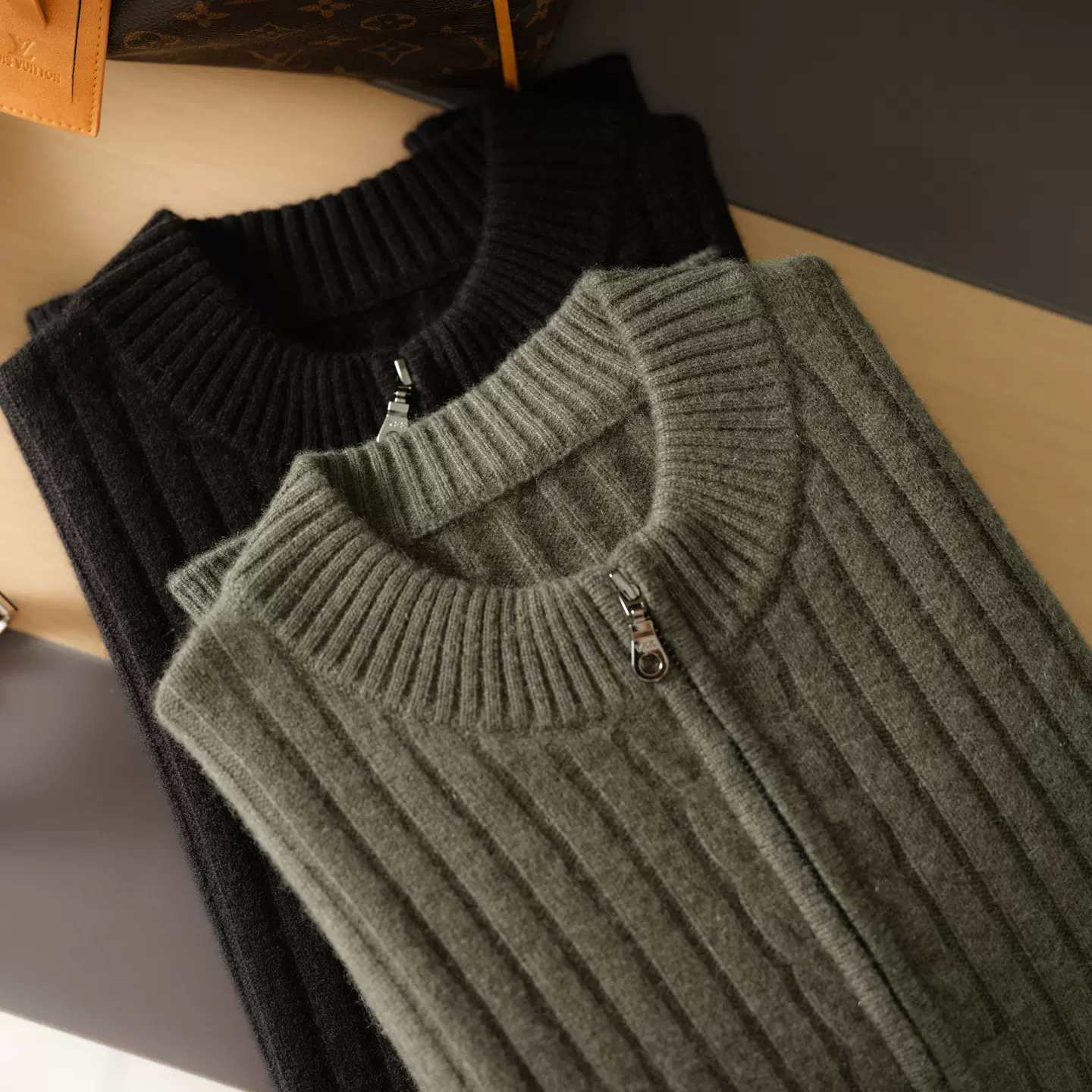 100%纯山羊绒衫男士半高领坑条针织开衫加厚商务休闲外套跨境批发