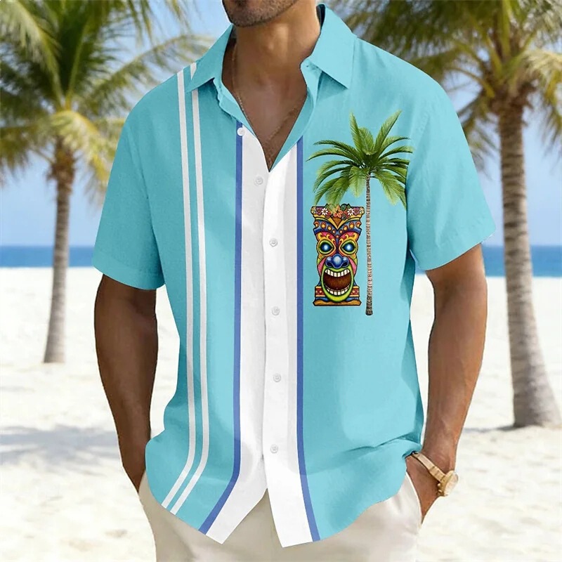 Men's Hawaiian Style Tiki Totem Coconut Tree Print Short-Sleeved Shirt Casual Lapel Shirt Factory Direct Supply Wholesale