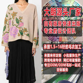 欧美女宽松文艺印花V领套头毛衣大朗女式针织衫看图打板加工定制