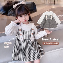 女童格子連衣裙2021秋季新款兒童中小童公主裙女寶寶假兩件裙子潮