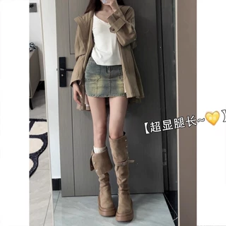 厚底粗跟长筒靴女2025新款秋冬季不过膝绒面显瘦高筒长靴子骑士靴