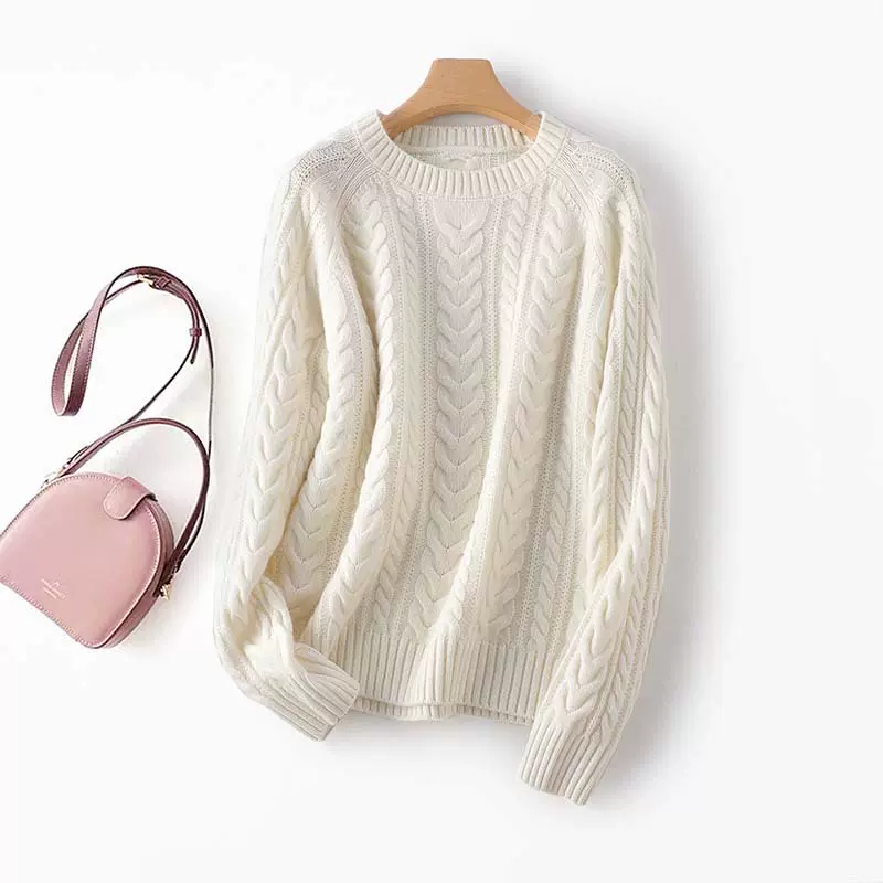重磅绞花针型！慵懒圆领套头针织衫上衣女加厚宽松100羊毛衫毛衣