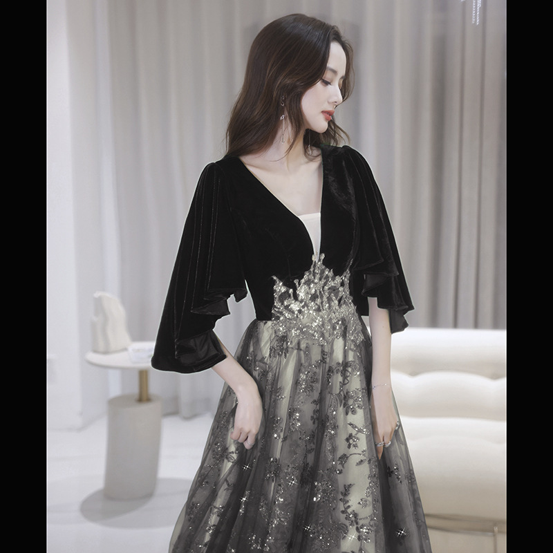 Evening Dress New Style 2025 Women's Accessible Luxury Niche Black Design Velvet Dress Annual Meeting