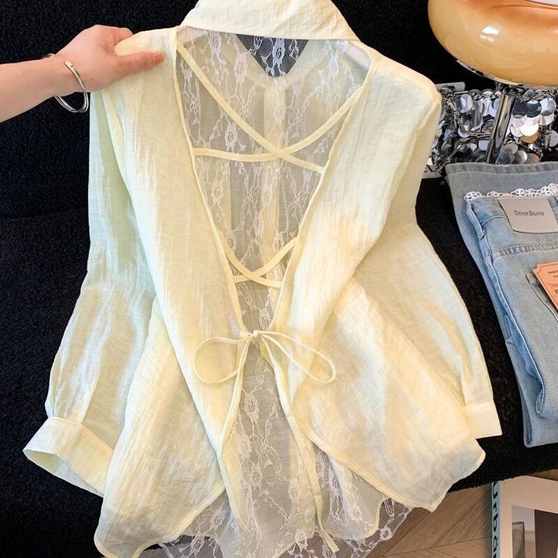 Gentle lace splicing tie-up long-sleeve shirt, new summer design, thin, mature and stylish sun-protective top Gentle lace splicing tie-up long-sleeve shirt, new summer design, thin, mature and stylish sun-protective top