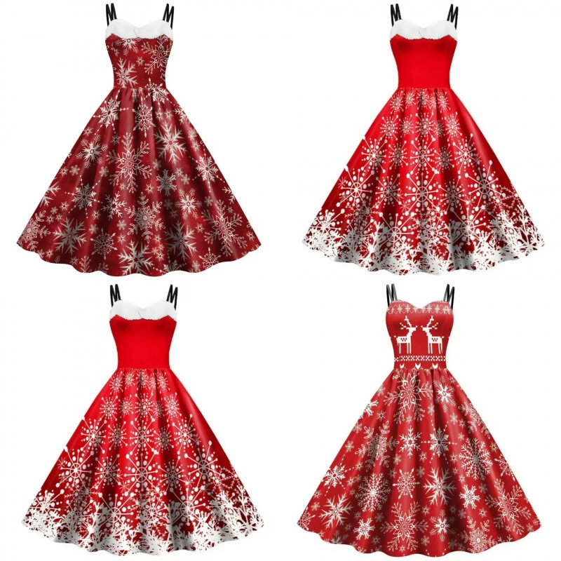 Спот 2024 Amazon трансграничный взрыв Горячая распродажа Рождественский карнавал Сексуальное платье со снежинкой с принтом