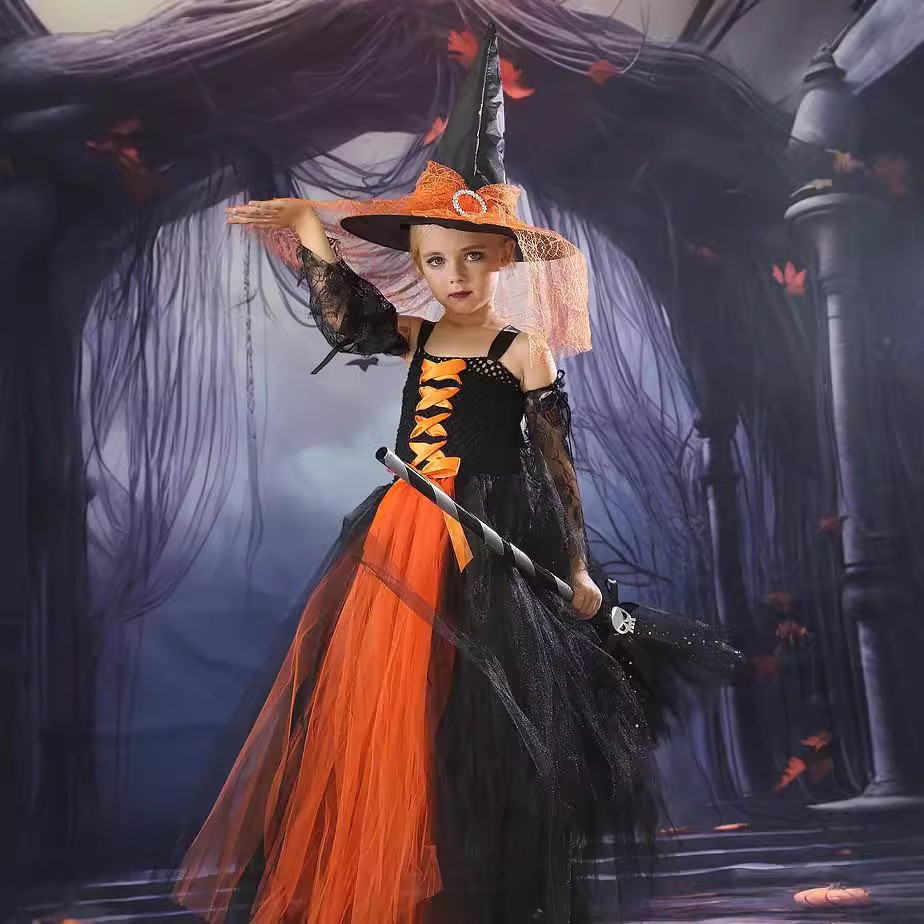 Halloween Niños Magos vestido vestido vestido de bruja Cosplay vestido de malla Tutu vestido de bruja