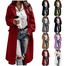 欧美冬季新款女式休闲长袖外套纯色翻领单排扣宽松长款毛呢外套女