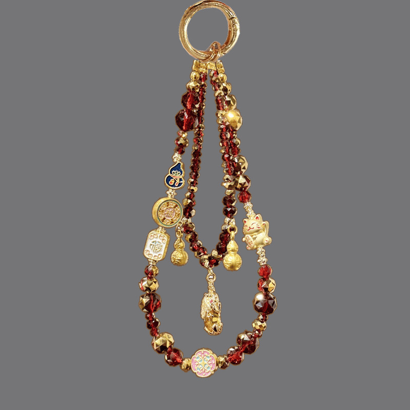 New Chinese-Style Lucky Cat Phone Chain with Red Festive Crystal Beads, Chinese-Style Short Pixiu Gourd Bracelet Pendant