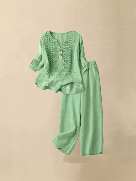Casual Linen Embroidery Set, New Spring and Summer Two-Piece Set