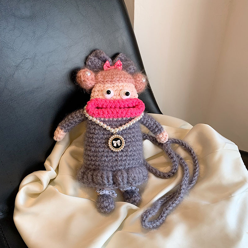 網紅超火毛線鈎針手機包包女成品包ins潮酷大嘴妹單肩斜挎包批發