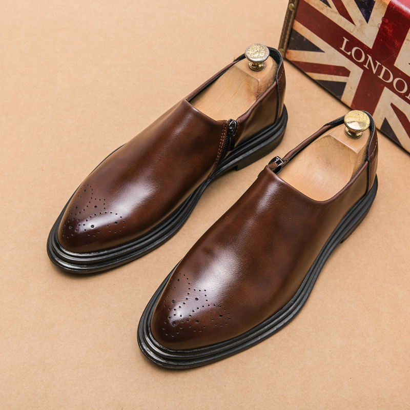 Estilo coreano de moda tallado zapatos de cuero puntiagudos de negocios de los hombres ropa formal perezoso slip-on zapatos de plataforma cremallera lateral zapatos de cuero Casuales