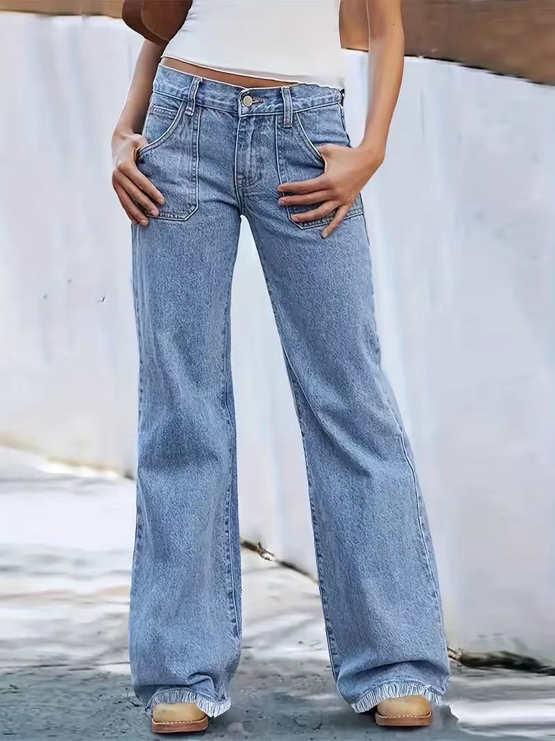 Jeans de pierna ancha para mujer de mezclilla de algodón con bolsillos grandes image 7