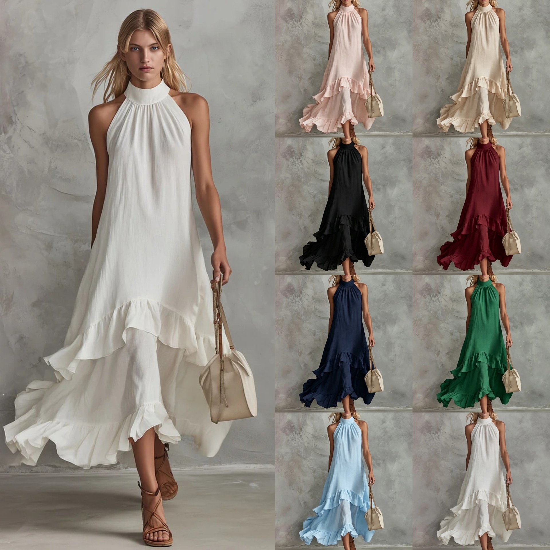 summer retro elegant white beach dress for leisure sleevless